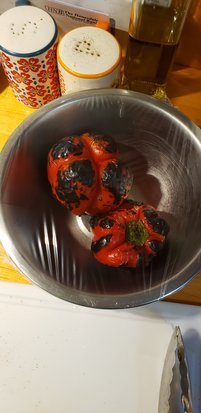 Red peppers, roasted to a satisfying blister.